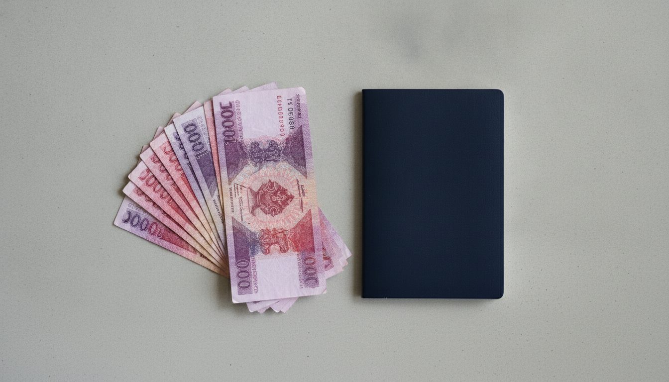 Thai baht exchange and proof of funds: a fan of banknotes beside a passport, the 20,000 baht per person immigration can ask to see