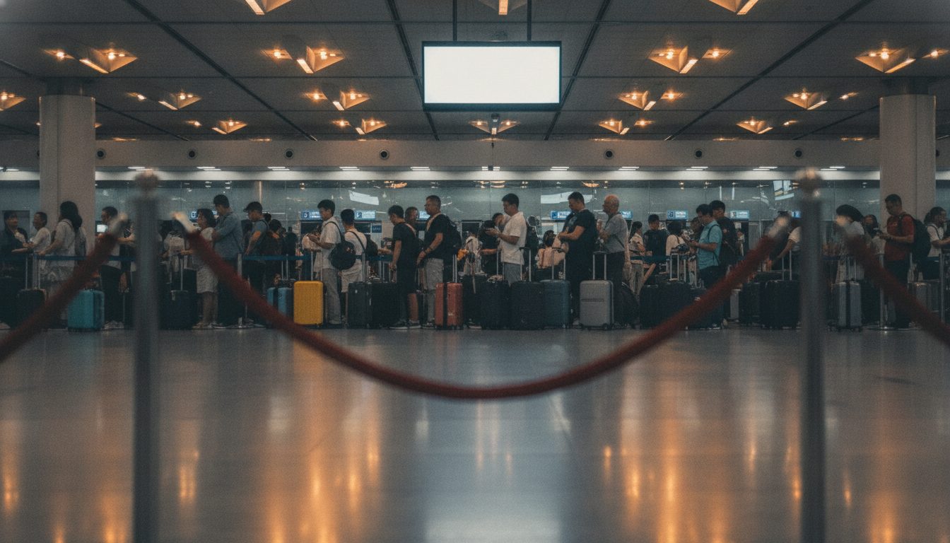 Thailand budget travel: queues at an international airport immigration hall where the 30-day visa-free stay is stamped